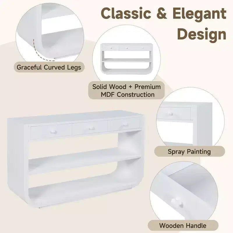 ModernLuxe Tavolo curvo da ingresso, Tavolo consolle, Tavolino da divano, Espositore, Tavolino d'appoggio con 3 cassetti a chiusura ammortizzata e 2 ripiani aperti