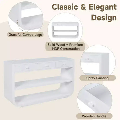 ModernLuxe Tavolo curvo da ingresso, Tavolo consolle, Tavolino da divano, Espositore, Tavolino d'appoggio con 3 cassetti a chiusura ammortizzata e 2 ripiani aperti