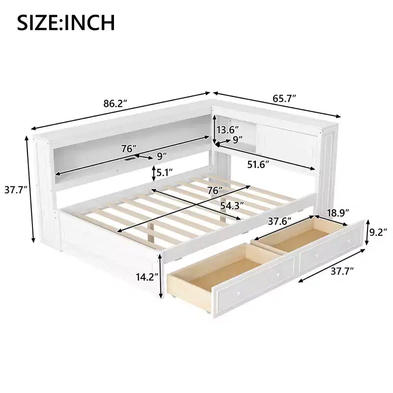 Letto angolare a grandezza naturale con cassetti portaoggetti, libreria, struttura letto a giorno in legno a forma di L con testiera a libreria per soggiorno
