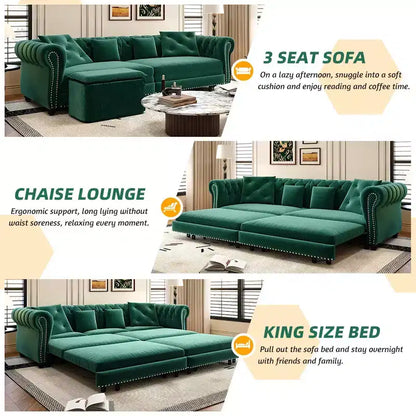 Canapé-lit gigogne 3-en-1 King Size Whisen Velvet et canapé convertible avec pouf mobile, design capitonné
