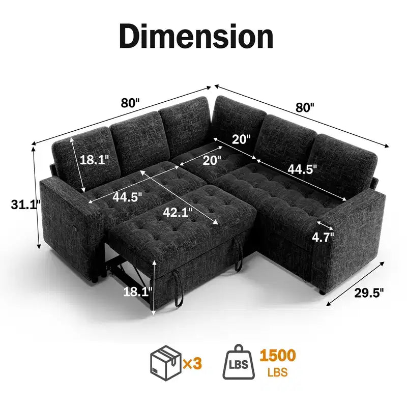 Dyonery Comfy Divano Letto 198 cm, Divano Letto a L in ciniglia con Letto Estraibile e Chaise Longue Contenitore per Soggiorno, Appartamento e Ufficio, Nero
