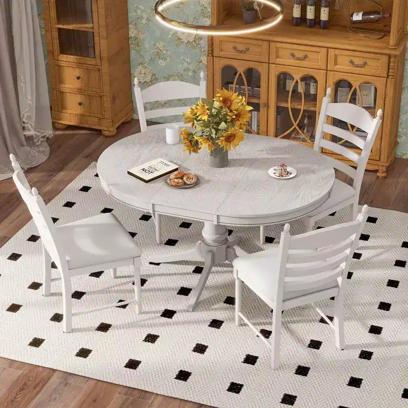 Set tavolo da pranzo rotondo allungabile per 4 persone, set da pranzo stile rustico e 4 sedie imbottite