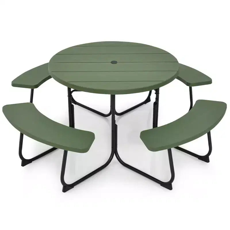 Costway Set Tavolo da Picnic Rotondo da Esterno a 8 Posti con 4 Panche e Foro per Ombrellone Nero/Grigio/Verde/Bianco