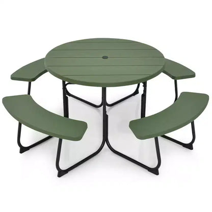 Costway Set Tavolo da Picnic Rotondo da Esterno a 8 Posti con 4 Panche e Foro per Ombrellone Nero/Grigio/Verde/Bianco
