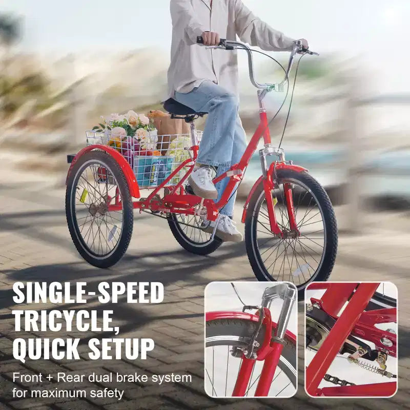 Tricycle pliant adulte VEVOR, Tricycle pliant adulte de 24 pouces, Vélo cruiser à 3 roues en acier au carbone avec grand panier et selle réglable