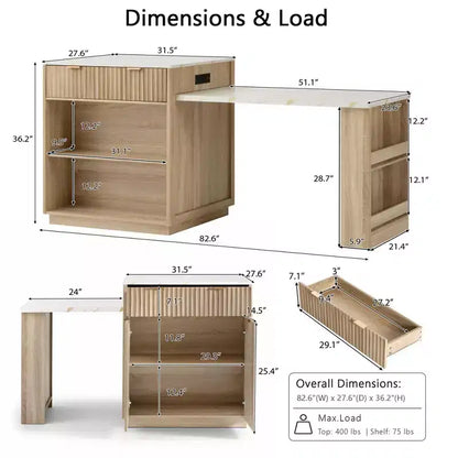 Îlot de cuisine cannelé avec table extensible, prise électrique et rangement double face