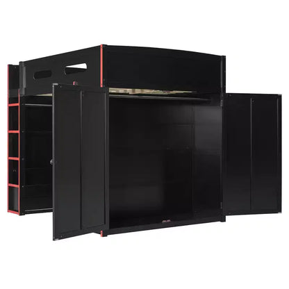 Merax Letto a soppalco a una piazza e mezza con scrivania, armadio, luci LED RGB e porta di ricarica USB Elegante struttura nera con spazio multi-contenitore per gli amanti dei giochi