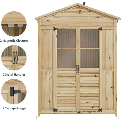 Mobile da Patio in Legno Resistente alle Intemperie Abete con Tetto Impermeabile, 6 Ripiani Regolabili, Pali di Fissaggio e Kit Anti-Caduta Ideale per Attrezzi da Giardino