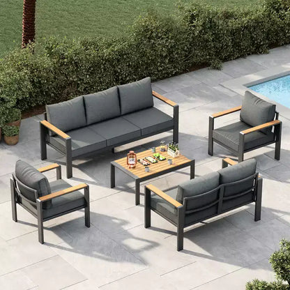 Salon de jardin en aluminium, canapé d'extérieur modulable avec 5 coussins épais, 4 accoudoirs et table basse pour jardin, terrasse, arrière-cour