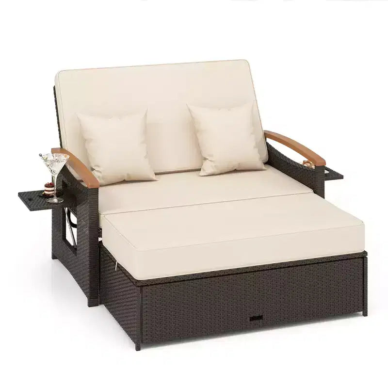 Set divano letto in rattan per esterni Costway con divanetto imbottito e poggiapiedi contenitore per veranda Beige/Blu marino/Rosso/Turchese/Nero/Grigio