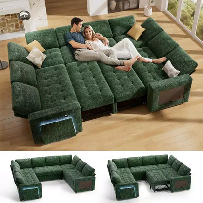 Divano componibile Dyonery a 8 posti a U con letto estraibile/schienale reclinabile/porte USB/tavolo/vano contenitore, montaggio senza attrezzi