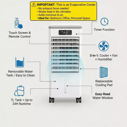 Raffrescatore Evaporativo Portatile da 7 litri con Telecomando, 3 Velocità, Timer e Ventilatore Oscillante per Casa e Ufficio