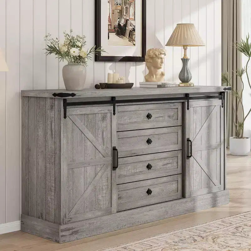 Bahut de Ferme avec 4 Tiroirs et Portes Coulissantes, Buffet de 150 cm de Large pour Salle à Manger et Salon