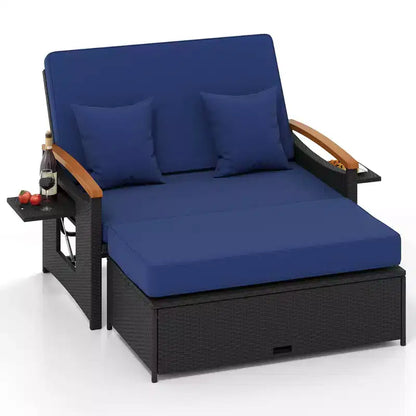 Set divano letto in rattan per esterni Costway con divanetto imbottito e poggiapiedi contenitore per veranda Beige/Blu marino/Rosso/Turchese/Nero/Grigio