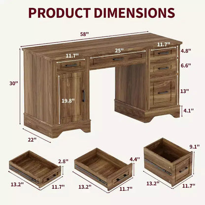Bureau exécutif de ferme avec rangement, Bureau d'écriture en bois avec 5 tiroirs et armoire, Table d'ordinateur rustique pour salon, chambre à coucher, bureau