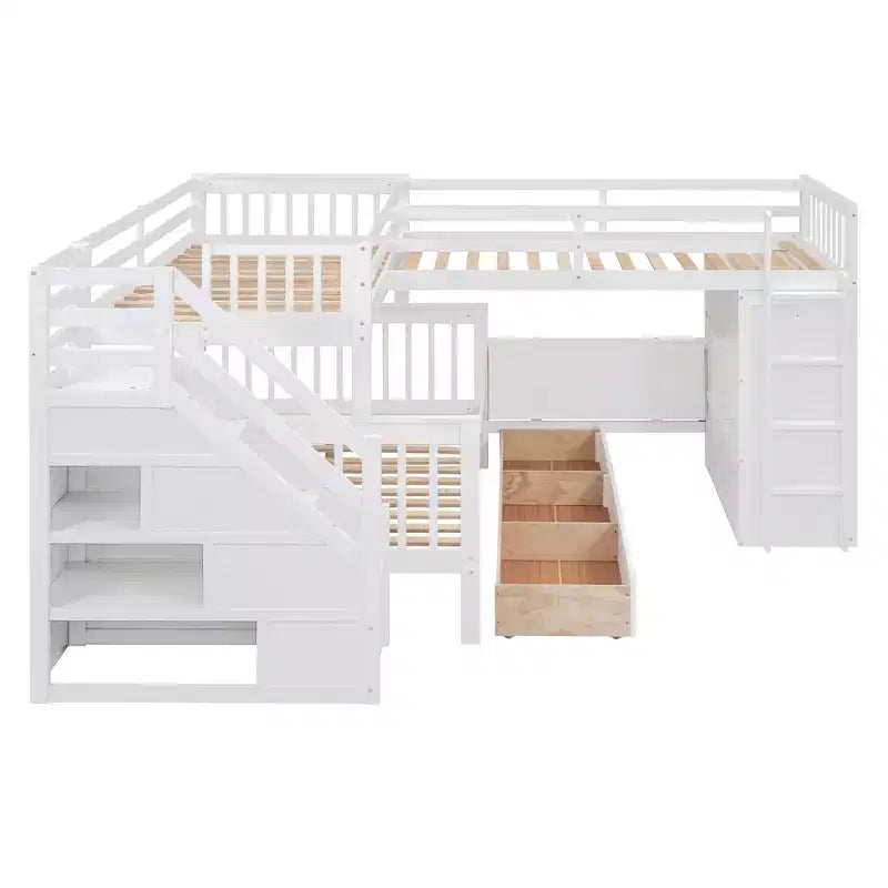 Lit superposé en L Whisen Modern Design (jumeau sur grand) avec 3 tiroirs, bureau portable et armoire