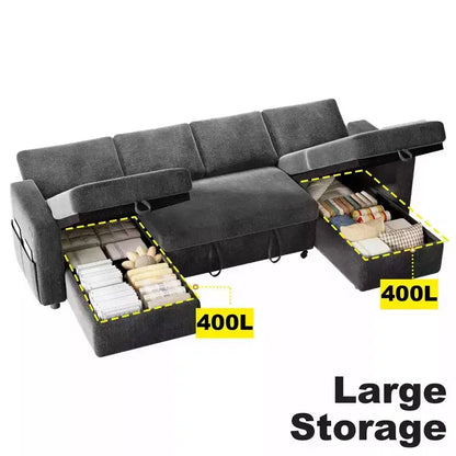 Divano letto estraibile a quattro posti Dyonery da 105 pollici con contenitore, tasche laterali, schienale regolabile, convertibile