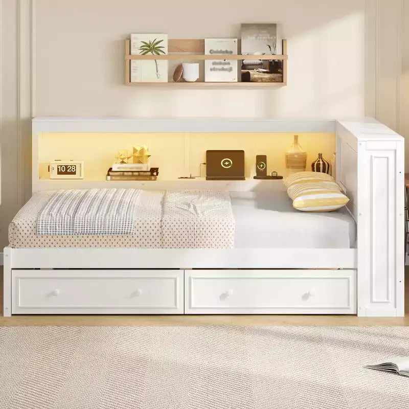 Letto angolare a grandezza naturale con cassetti portaoggetti, libreria, struttura letto a giorno in legno a forma di L con testiera a libreria per soggiorno