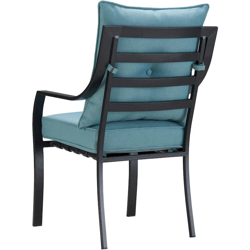 Hanover Lavallette Set da pranzo a 5 pezzi in blu oceano con 4 sedie fisse, tavolo rotondo da 52 pollici con ripiano in vetro, ombrellone e base