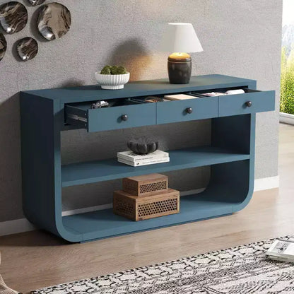 ModernLuxe Tavolo curvo da ingresso, Tavolo consolle, Tavolino da divano, Espositore, Tavolino d'appoggio con 3 cassetti a chiusura ammortizzata e 2 ripiani aperti