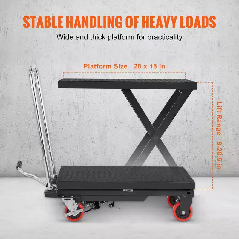 Carrello da Tavolo Idraulico a Forbice, Capacità 227 kg, Altezza di Sollevamento 72,4 cm, Tavolo Elevatore Manuale a Forbice Singola con 4 Ruote e Tappetino Antiscivolo