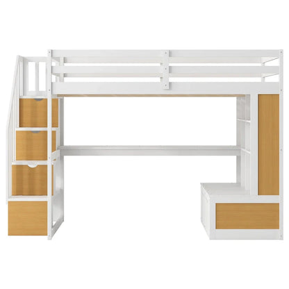 Letto a soppalco in legno massello naturale + bianco con scrivania e cassetti