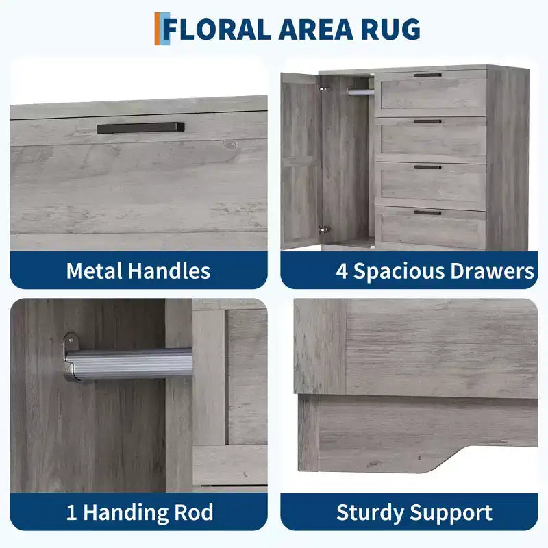 Armadio Guardaroba, 109,98 cm H, in Legno, con 4 Cassetti e Asta Appendiabiti, Rovere Naturale Grigio