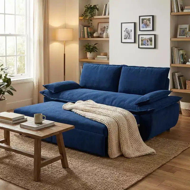 Divano Letto Convertibile Blu in Velluto, Divano Letto Estraibile 3 in 1, 3 Posti a Sedere