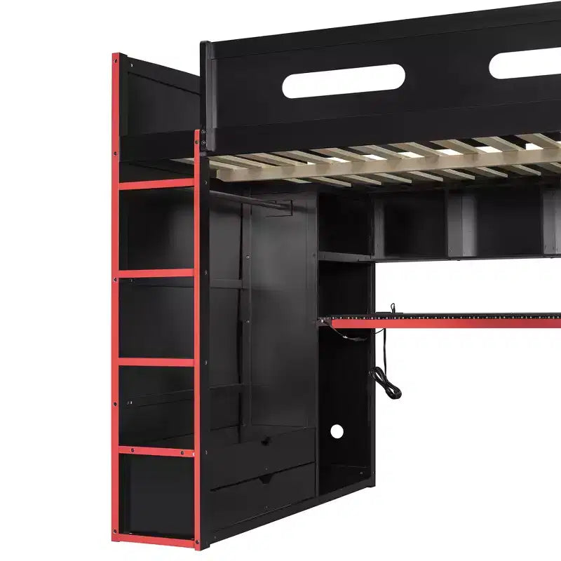 Merax Letto a soppalco a una piazza e mezza con scrivania, armadio, luci LED RGB e porta di ricarica USB Elegante struttura nera con spazio multi-contenitore per gli amanti dei giochi