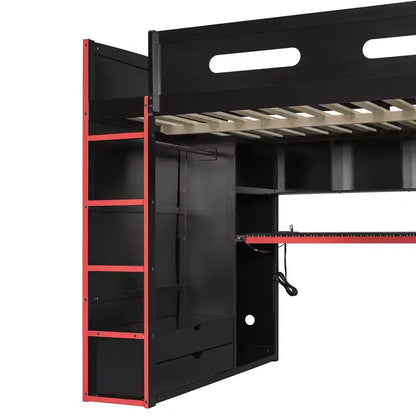 Merax Letto a soppalco a una piazza e mezza con scrivania, armadio, luci LED RGB e porta di ricarica USB Elegante struttura nera con spazio multi-contenitore per gli amanti dei giochi