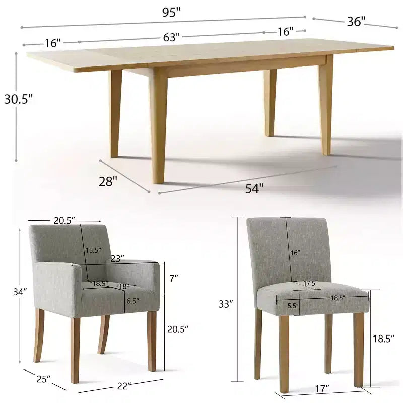 Set da pranzo da 9 pezzi con prolunga, include 6 sedie senza braccioli e 2 poltrone in lino neutro, gambe in legno massello, stile moderno-Panipeachy