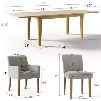 Set da pranzo da 9 pezzi con prolunga, include 6 sedie senza braccioli e 2 poltrone in lino neutro, gambe in legno massello, stile moderno-Panipeachy