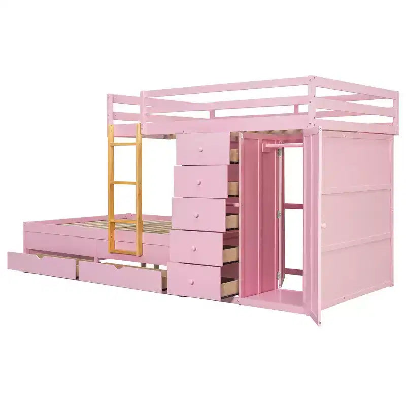 Lit superposé complet Whisen avec 2 grands tiroirs, 5 petits tiroirs et petite armoire