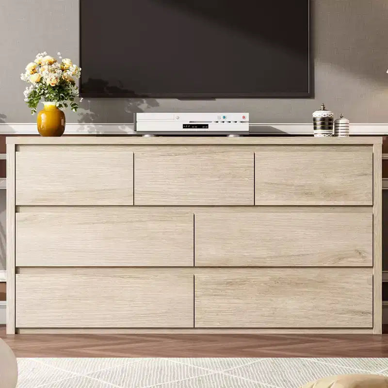Comò Moderno Largo a 7 Cassetti per Camera da Letto, Grande Cassettiera in Legno con Organizzatore per Soggiorno, Corridoio e Ingresso