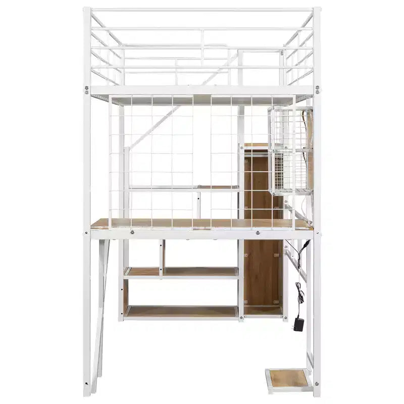 Lit mezzanine en métal Whisen 94''L x 40.9''W avec poste de travail intégré, armoire, escalier de rangement et LED, sécurité garantie