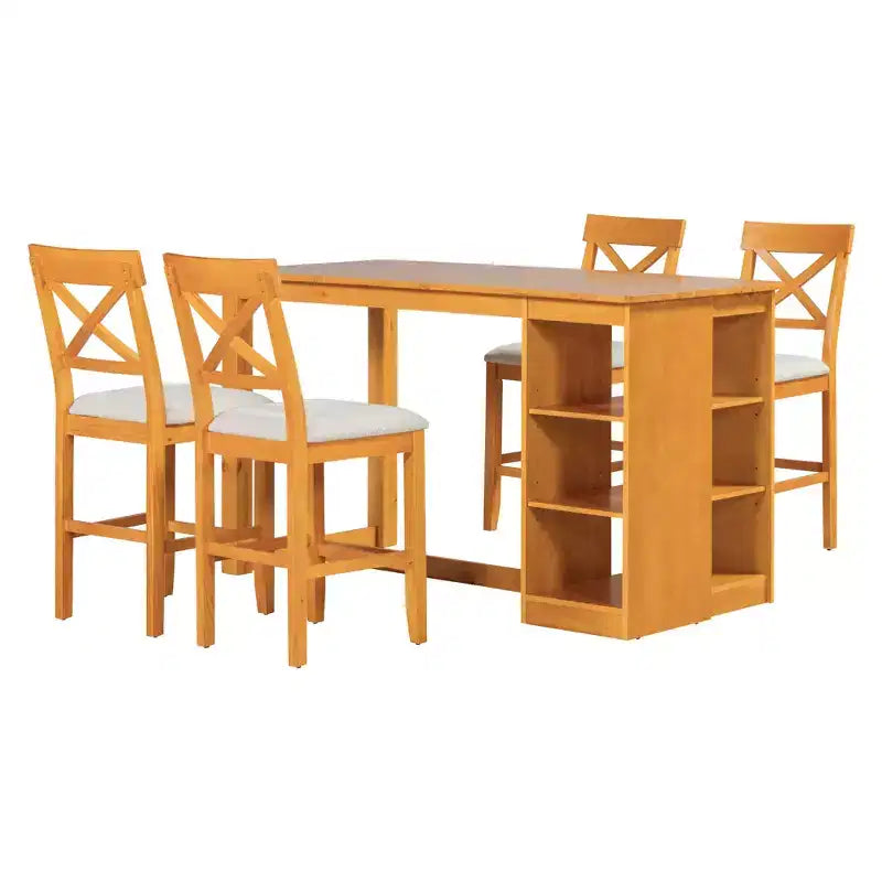 Set da pranzo a 5 pezzi in stile rustico ad altezza bancone per 4 persone, set da tavolo da bar in legno con ripiani e 4 sedie imbottite