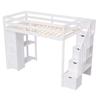 Lit mezzanine double en bois Whisen avec tiroirs de rangement, escalier et étagères