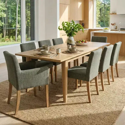 Set da pranzo da 9 pezzi con prolunga, include 6 sedie senza braccioli e 2 poltrone in lino neutro, gambe in legno massello, stile moderno-Panipeachy