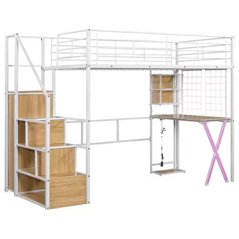 Lit mezzanine en métal Whisen 94''L x 40.9''W avec poste de travail intégré, armoire, escalier de rangement et LED, sécurité garantie