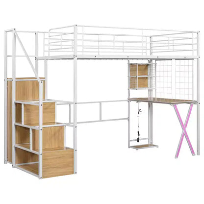 Lit mezzanine en métal Whisen 94''L x 40.9''W avec poste de travail intégré, armoire, escalier de rangement et LED, sécurité garantie