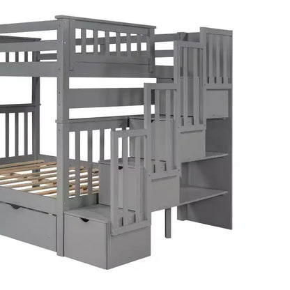 Letto a castello Full over Full con scaletta per bambini, struttura a castello matrimoniale con 6 cassetti e ringhiera per cameretta o dormitorio