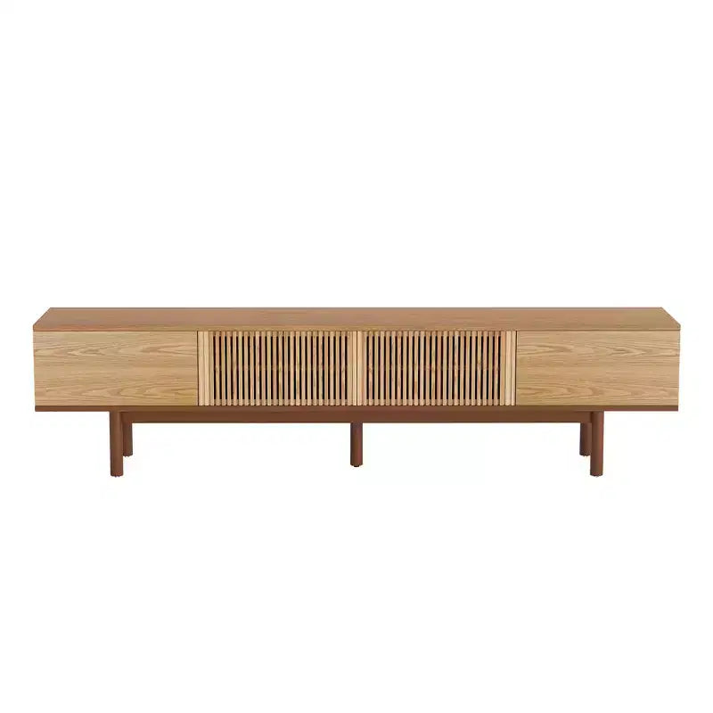 Meuble TV Mid-Century Modern 86,6 po en bois massif, console média avec espace de rangement, couleur naturelle
