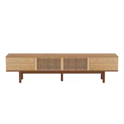 Meuble TV Mid-Century Modern 86,6 po en bois massif, console média avec espace de rangement, couleur naturelle