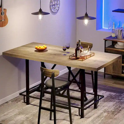 Tavolo da pub alto da 6 posti con poggiapiedi, tavolo da bar alto con piano in legno spesso e struttura in metallo per casa/cucina