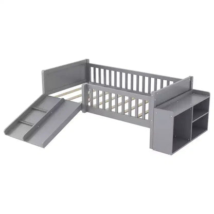 Lit superposé simple Whisen pour enfant avec toboggan, étagère de rangement mobile, balustrades, cadre de lit mezzanine bas