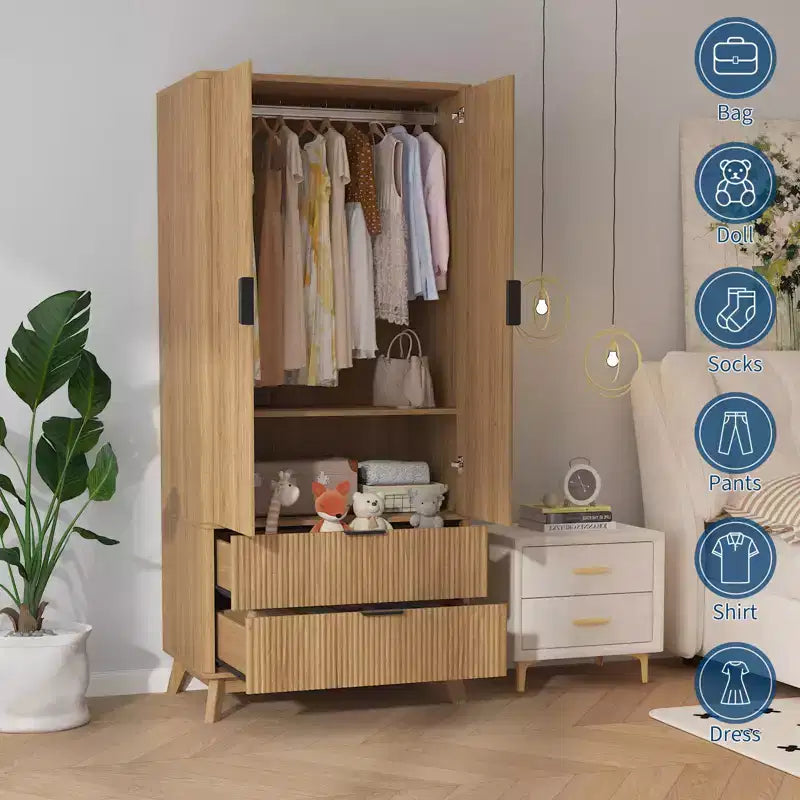 Armoire à portes cannelées, Armoire en bois de 71 pouces avec 2 portes, 2 tiroirs, étagère réglable et tringle de suspension, Armoire de rangement pour vêtements