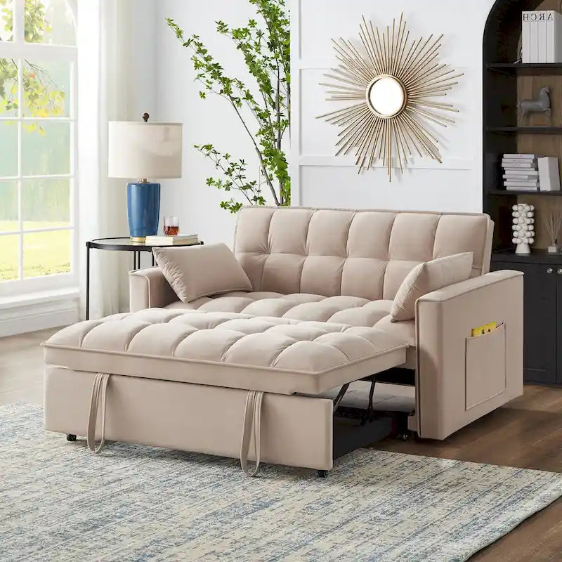 Divano Letto Estraibile 4-in-1 - Divanetto in Velluto - Divano Letto Convertibile con Schienale Reclinabile, 2 Tasche Laterali