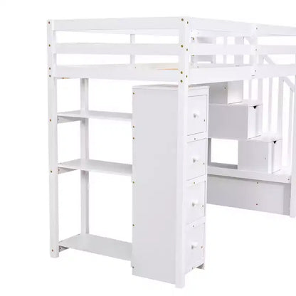 Lit mezzanine double en bois Whisen avec tiroirs de rangement, escalier et étagères