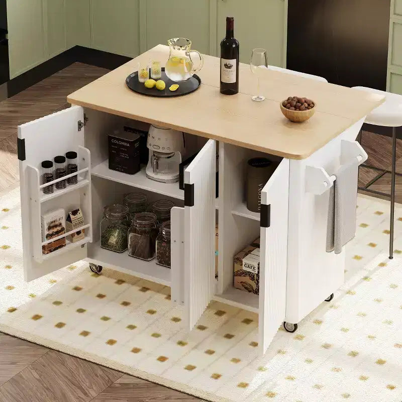 Isola cucina da 51" Farmhouse con scanalature, piano a ribalta, ruote e ripiano interno