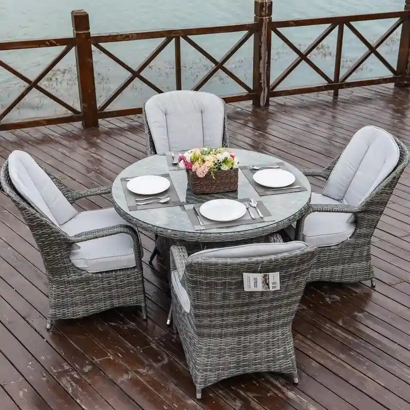 Set da pranzo rotondo in vimini da esterno da 5 pezzi con 4 poltrone
